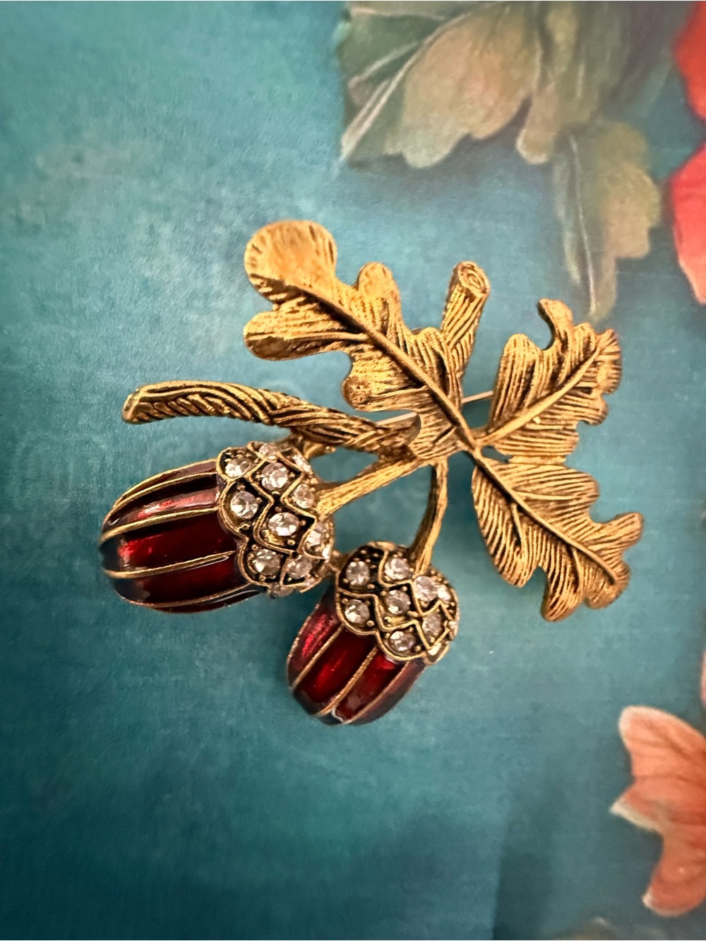 Vintage Gold-Tone Acorn Brooch with Red Enamel and Rhinestones